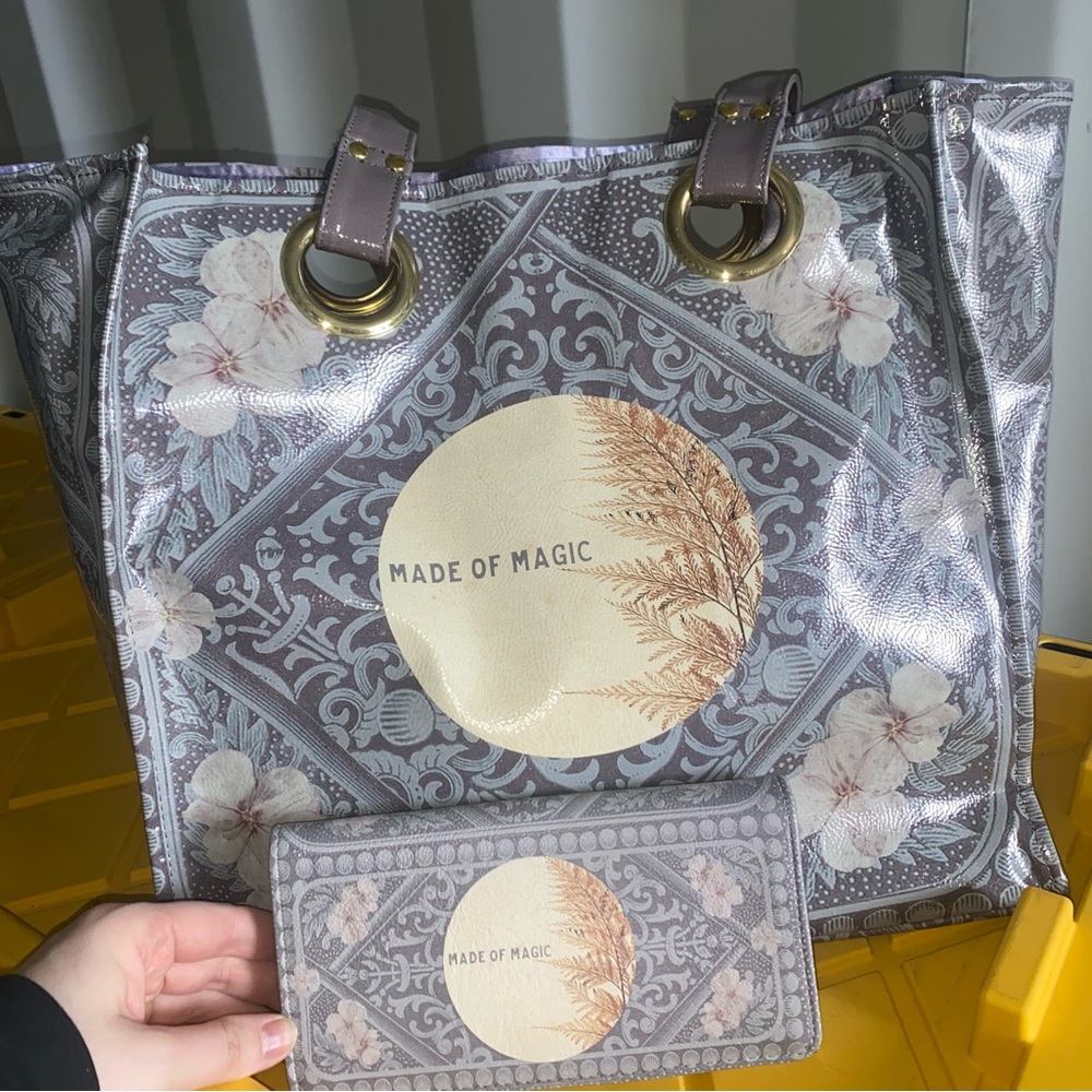 Papaya Gray and Cream Floral Tote Bag and Wallet Set